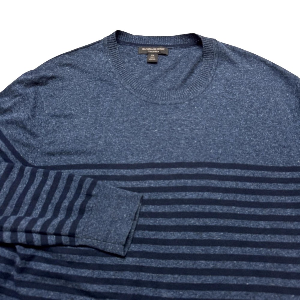 Banana Republic Sweater Mens XL Blue Silk Linen Stripe Crewneck Knit Lightweight